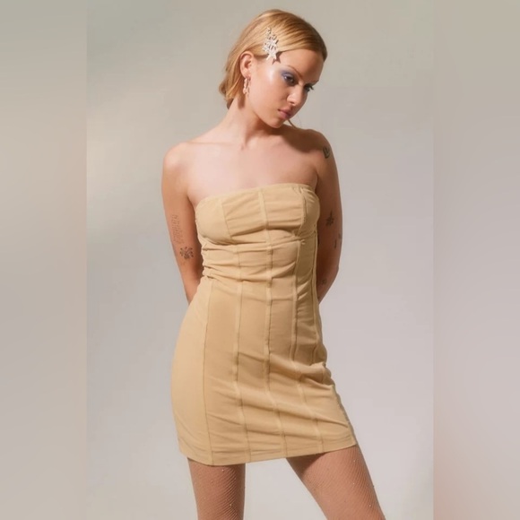 Urban Outfitters MESH CORSET BARI TAN DRESS - Picture 3 of 11